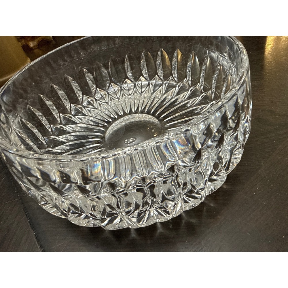 Vintage 8 Inch Heavy Lead Cut Crystal Glass Bowl Sunburst Diamond Pattern
